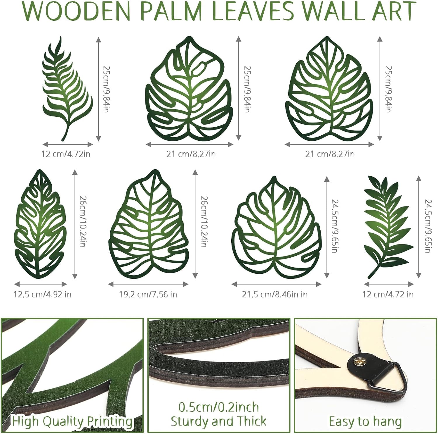 

7pcs DIY Wooden Palm Leaves Wall Art Vintage Green Leaf Plant Decor Hanging Accents for Home Bathroom Office