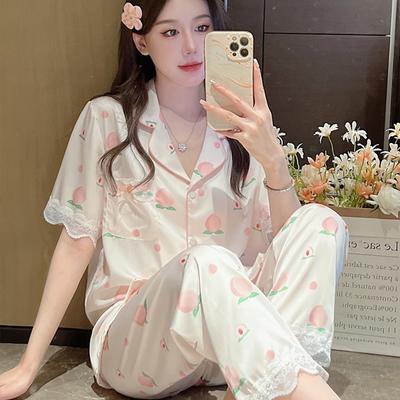 Honey Peach Print Lace Ins Style Pajamas Women Three-piece Set Classy Sweet Cute Lady Lounge  Spring Homewear