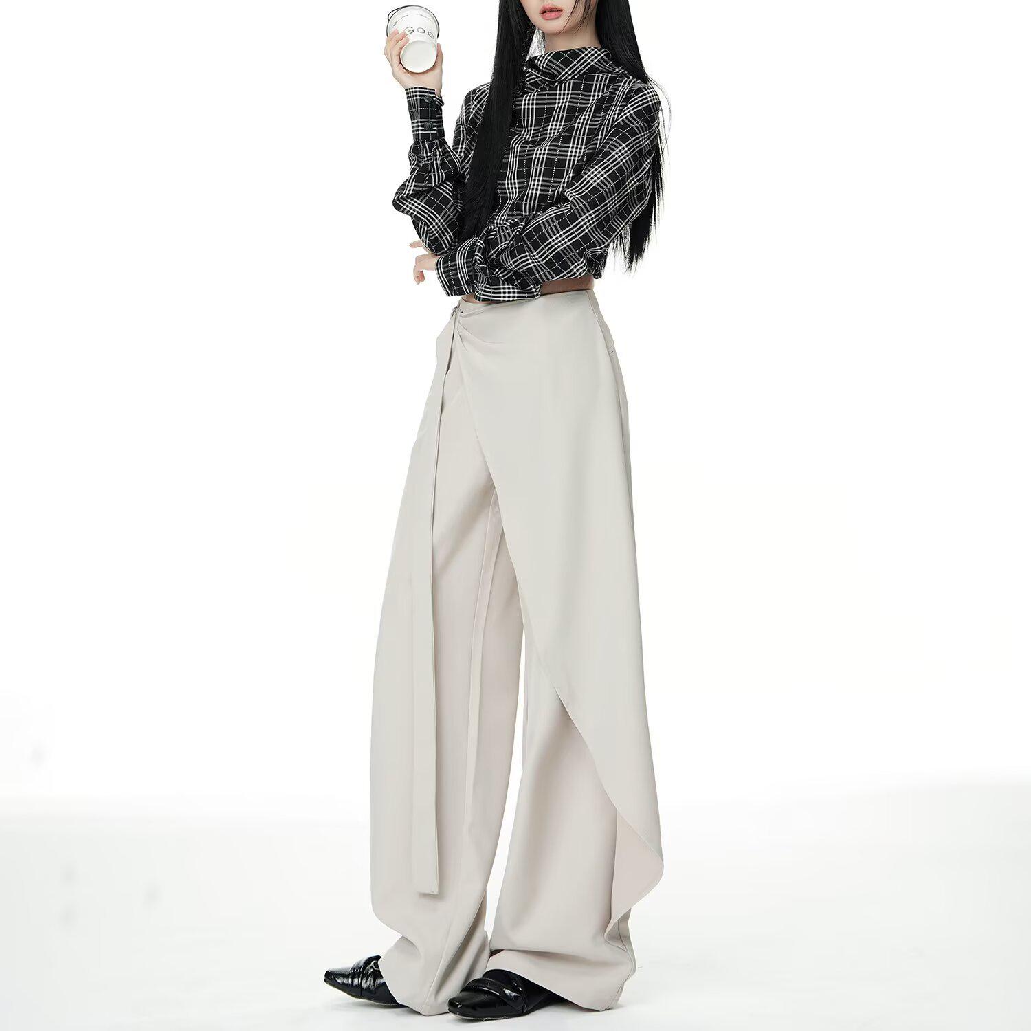 

Women s Brown-Gray Wide-Leg Pants with Flowing Ribbons - 2026 Slimming Style, Good Drape, Casual Suit Trousers Large