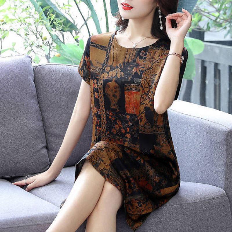 Vintage-Print Ice Silk Mid-Length Summer Dress for Middle-Aged Women