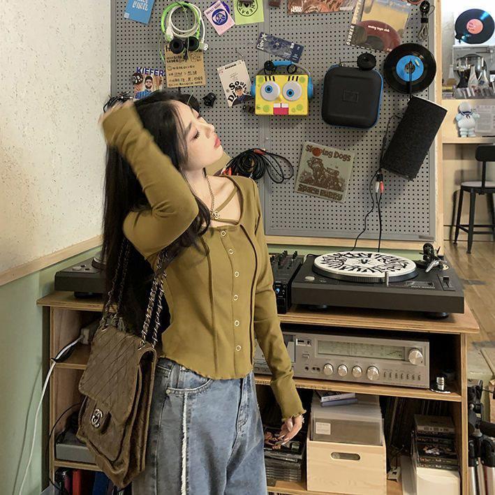 Sweet & Stylish Hot Girl V-Neck Long Sleeve Ribbed T-Shirt - Autumn Slim Fit Women's Top