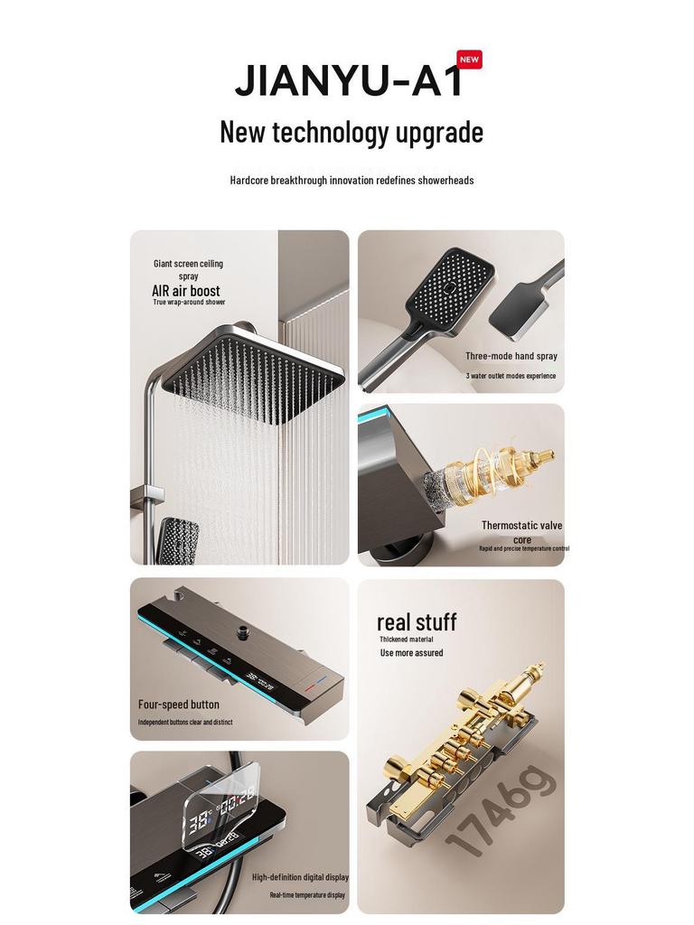 Complete Smart Thermostatic Shower Head Set - Pressurized and Multifunctional