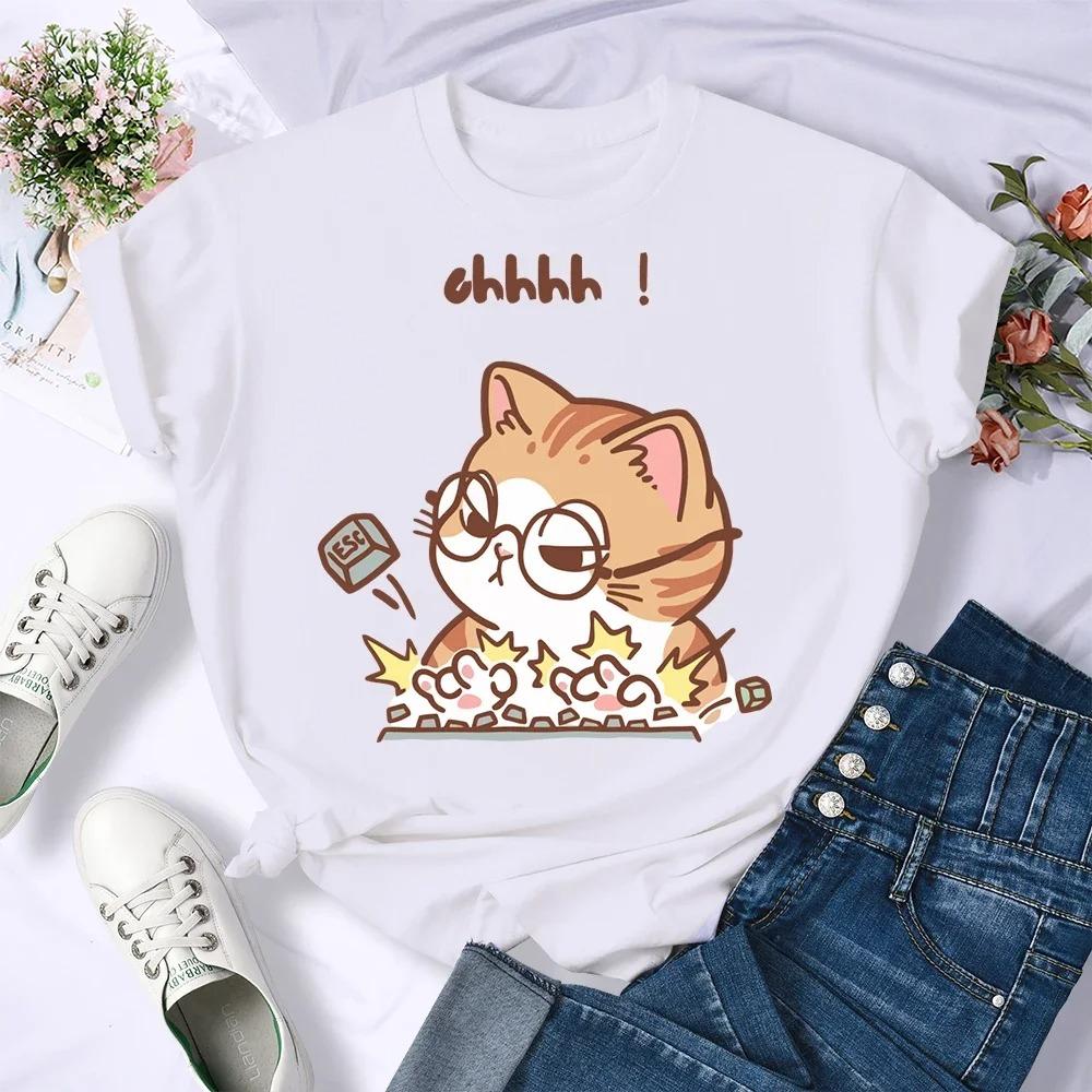 Women Tshirt Comfortable ONeck Cartoon Cat Typing Wildly on The Keyboard Print Women TShirt Summer Short Sleeved Clothes