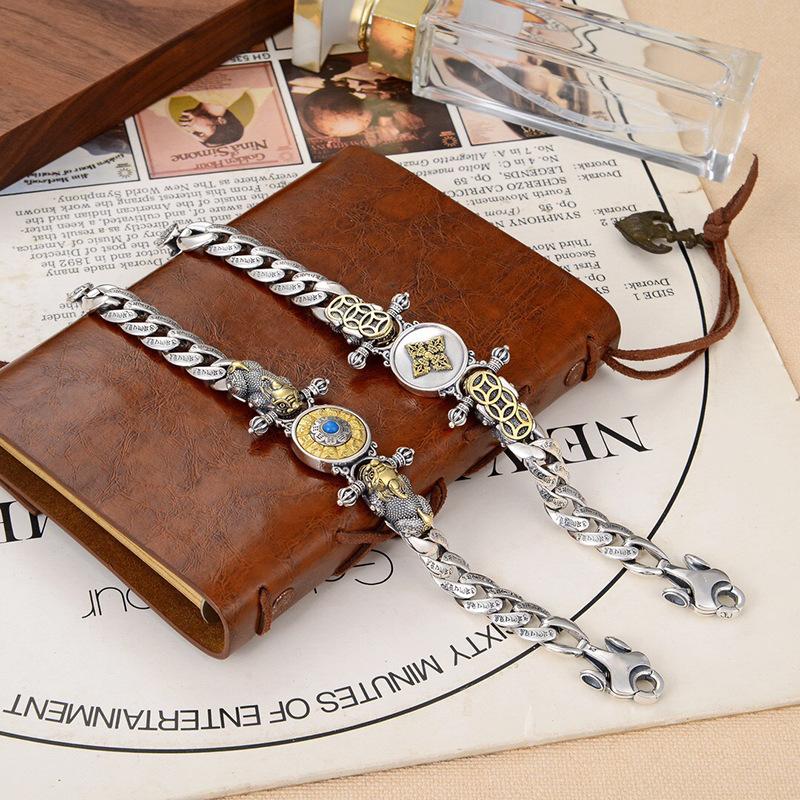 Versilbert Modisches Männliches Pixiu Persönlichkeit mit Sechs-Zeichen-Mantra Kette Körper, Drehbarer Pixiu Armband in Der Mitte 2026