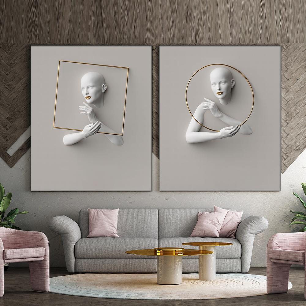 Statuie albă de aur al femeii, pictură pe pânză, poster, decorațiuni pentru locuință, imagini cu efect 3D, artă de perete minimalistă nordică Cuadros