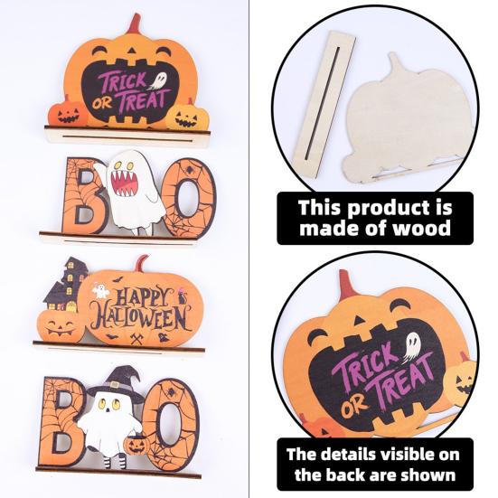Halloween Home Festive Decor Wooden Table Sign, Cute Pumpkin Boo Ghost Solid Wood Sign Tabletop Centerpiece for Indoor Mantel Fireplace Smooth Holiday