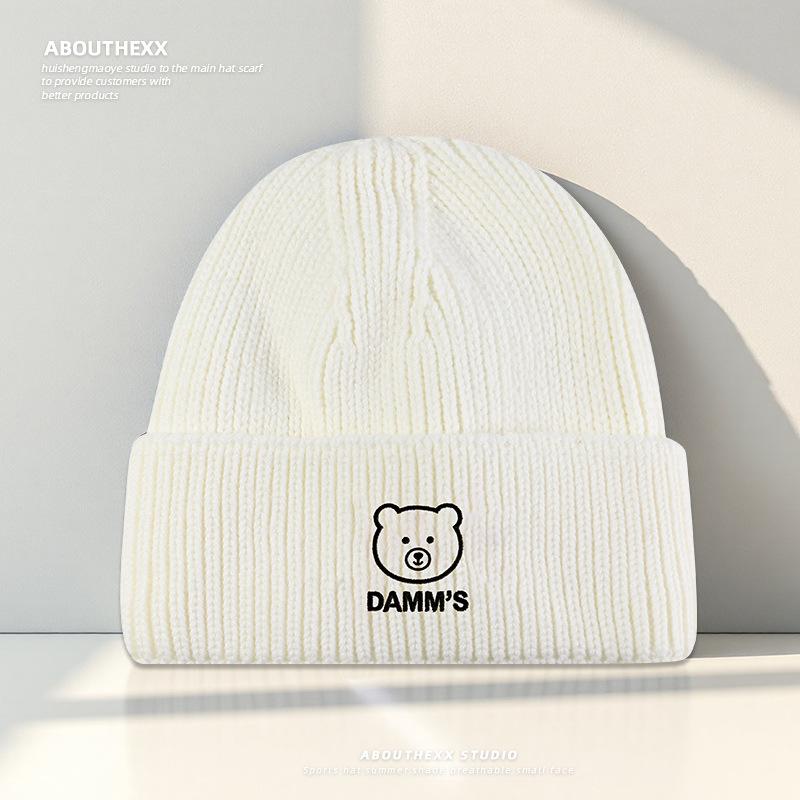Autumn and Winter Warm Woolen Hat for Women Cute Letter Bear Embroidered Knitted Hat Student Couple Pullover Cold Hat