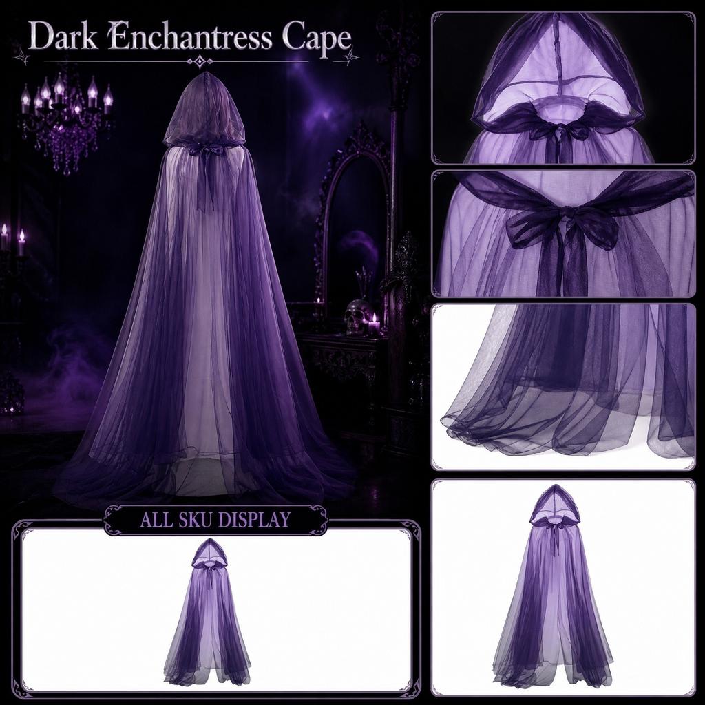 Halloween Long Hooded Net Cape for Women, Cosplay Costume Cloak, Dark Cloak