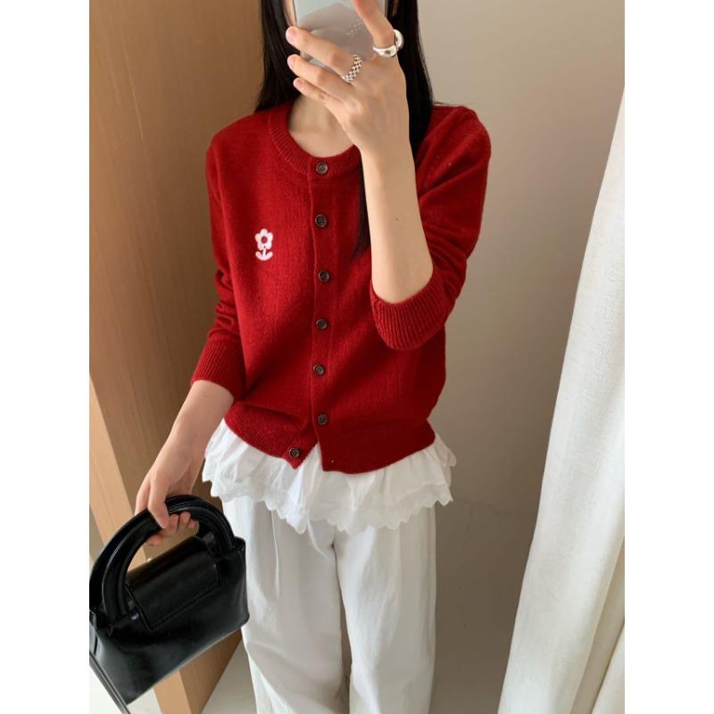 

Simple and versatile crew neck single-breasted knitted cardigan women s autumn casual loose soft waxy sweater jacket top One size красный