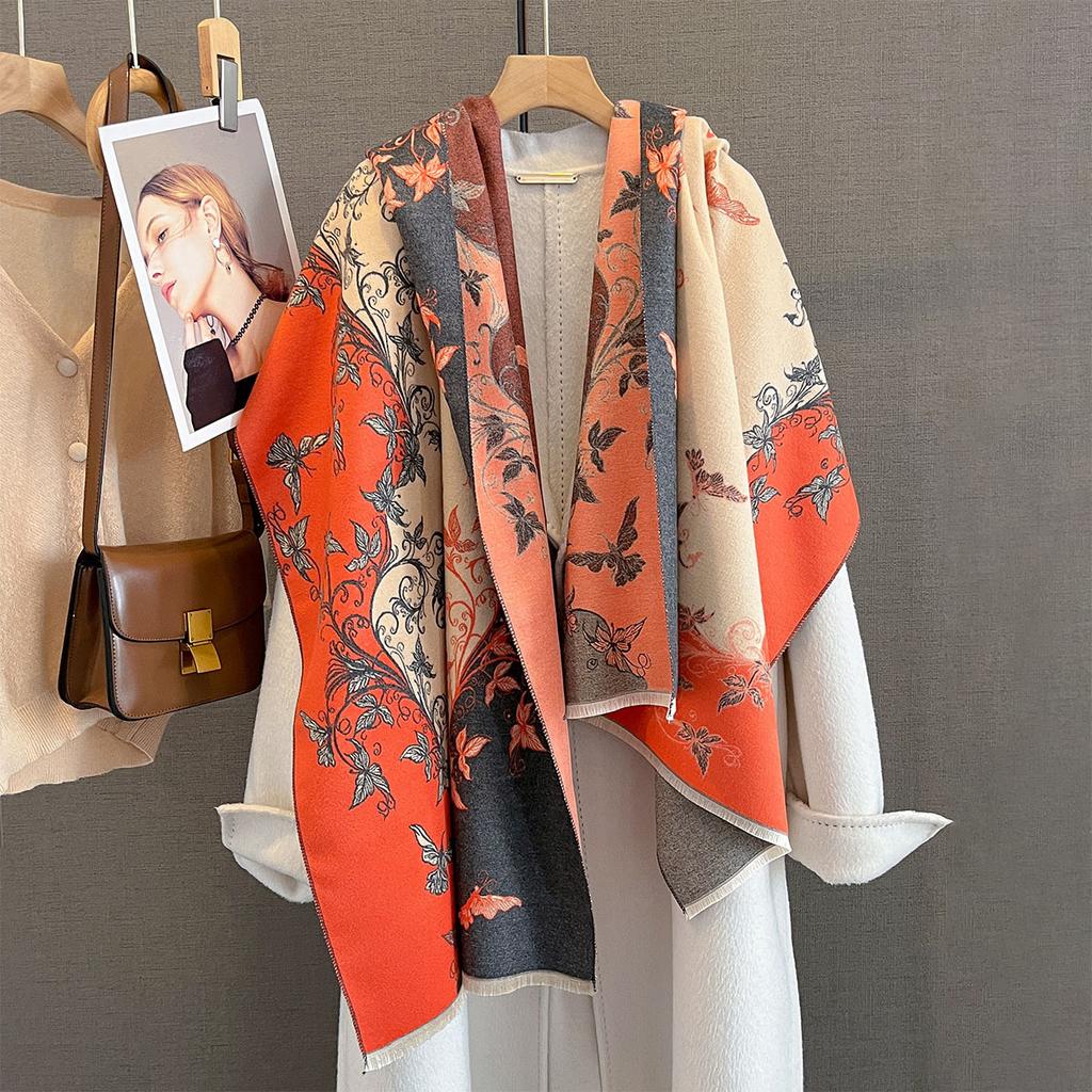Autumn and winter new contrasting color butterfly printing scarf three-color splicing retro pattern design warm and fashionable outer shawl