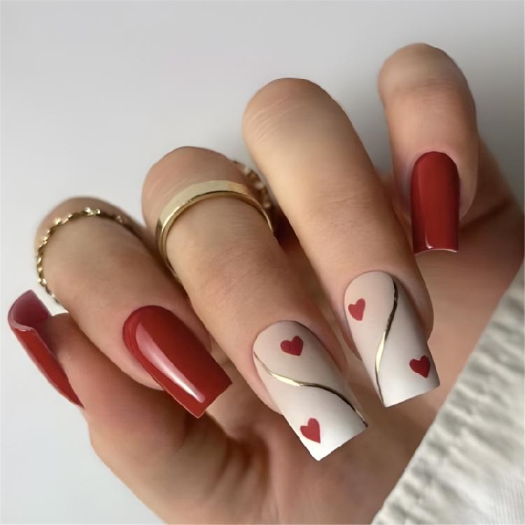 

24 Pcs Heart Full Cover False Nail Press On Nail Golden Stripes Stick on Nail Glossy Acrylic Nail for Valentines Day 1
