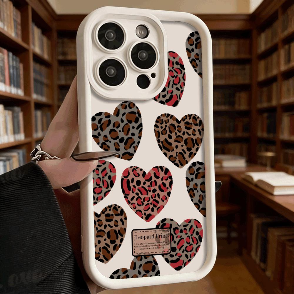 Leopard Print Heart Pattern Soft TPU Phone Case for iPhone 17 16 15 14 13 12 11 Pro Max Plus Shockproof Anti-Slip Cover