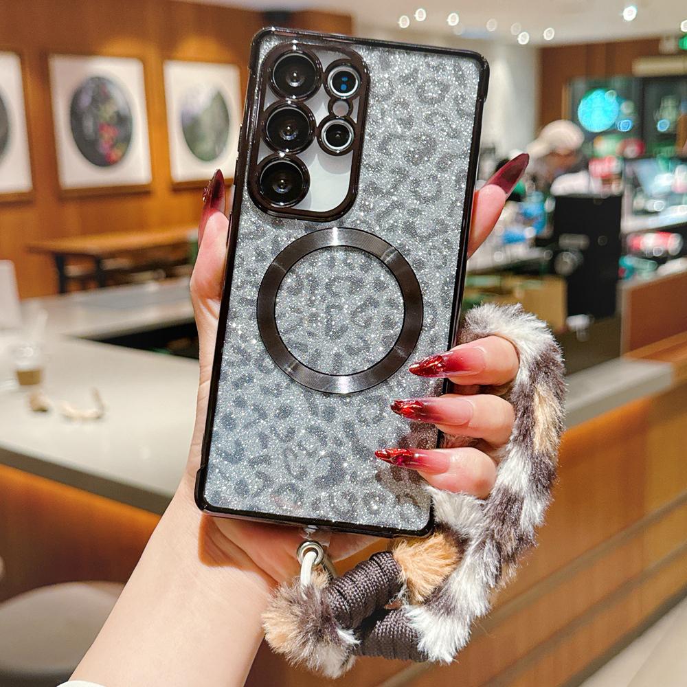 KEYSION Glitter Leopard Print Magnetic Phone Case for Samsung Galaxy S21 S22 S23 S24 S25 S26 Ultra S26+ S25 FE With Plush Lanyard Shockproof Cover