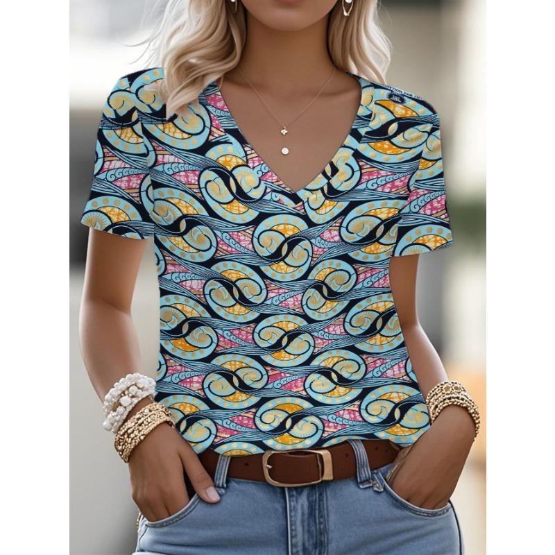 

Women s Abstract Wave and Geometric Multicolored Print Vneck Tshirt, Suitable for Summer Festival Wear, with an Ethnic and Bohemian Style S