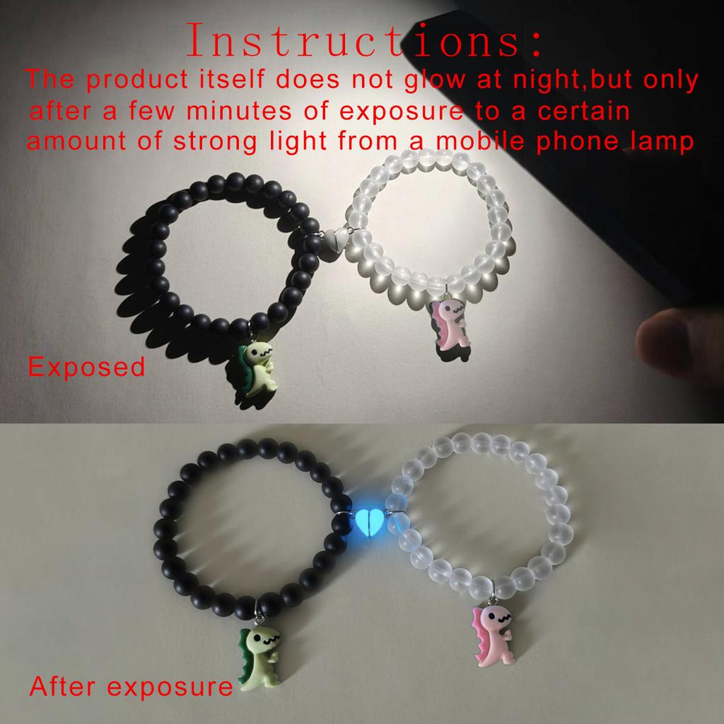 2 Pieces/set Luminous Heart Cute Dinosaur Couple Bracelet Fashion Beaded Bracelet