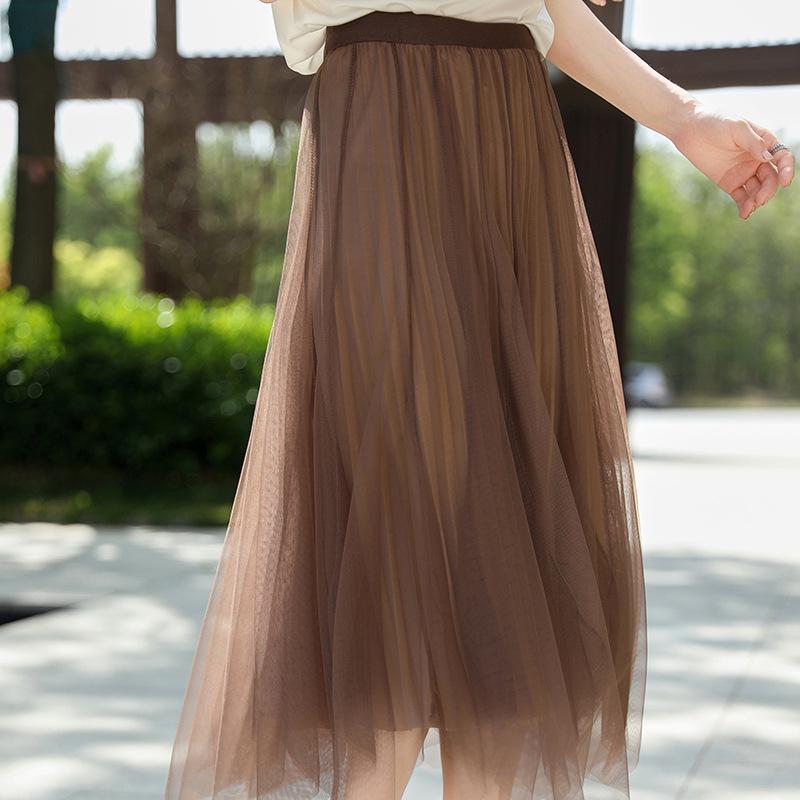 

Women s A-line High Waist Mesh Midi Skirt - Reversible Tulle Skirt for Summer, Princess Style with Large Swing. One Size кавовий