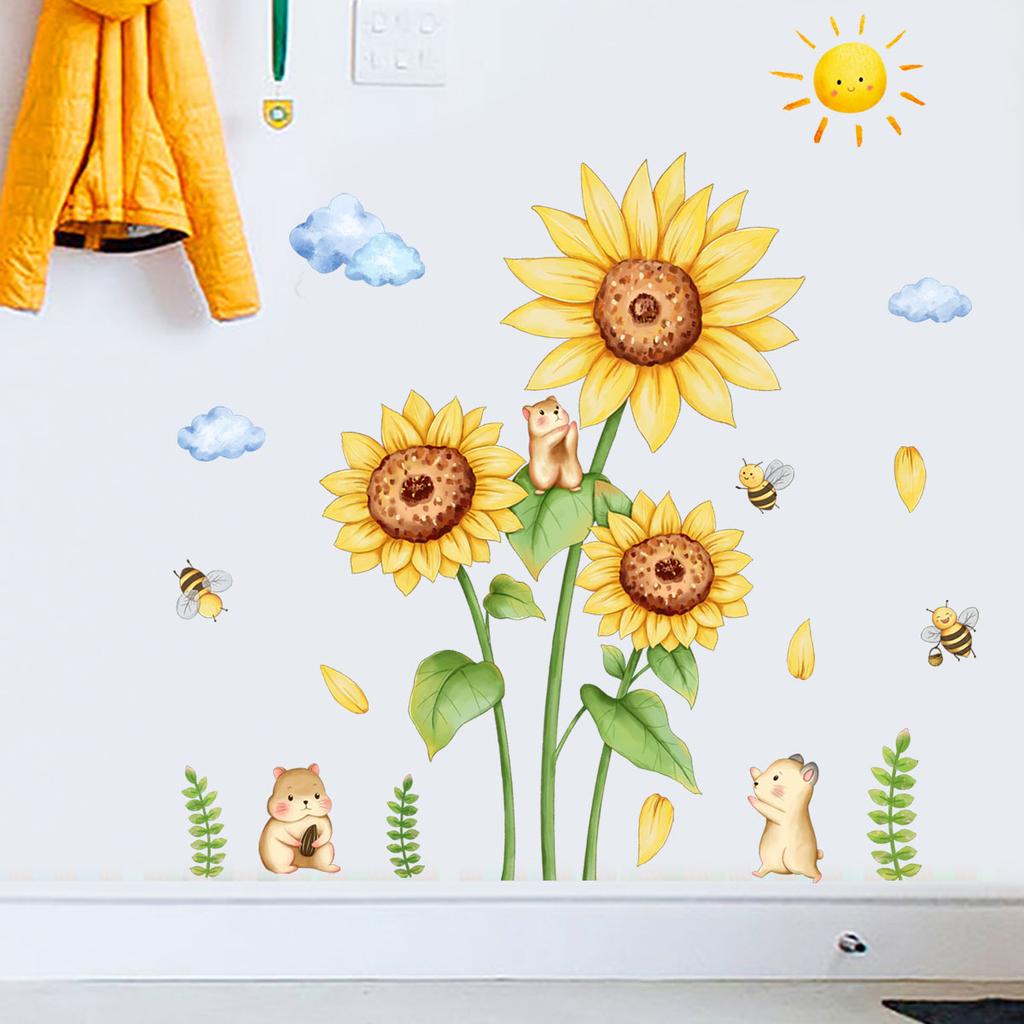 Sunflower Bear Bee Wall Stickers, Bedroom Children's Room Decoration Wall Stickers, Self Adhesive Wall Stickers