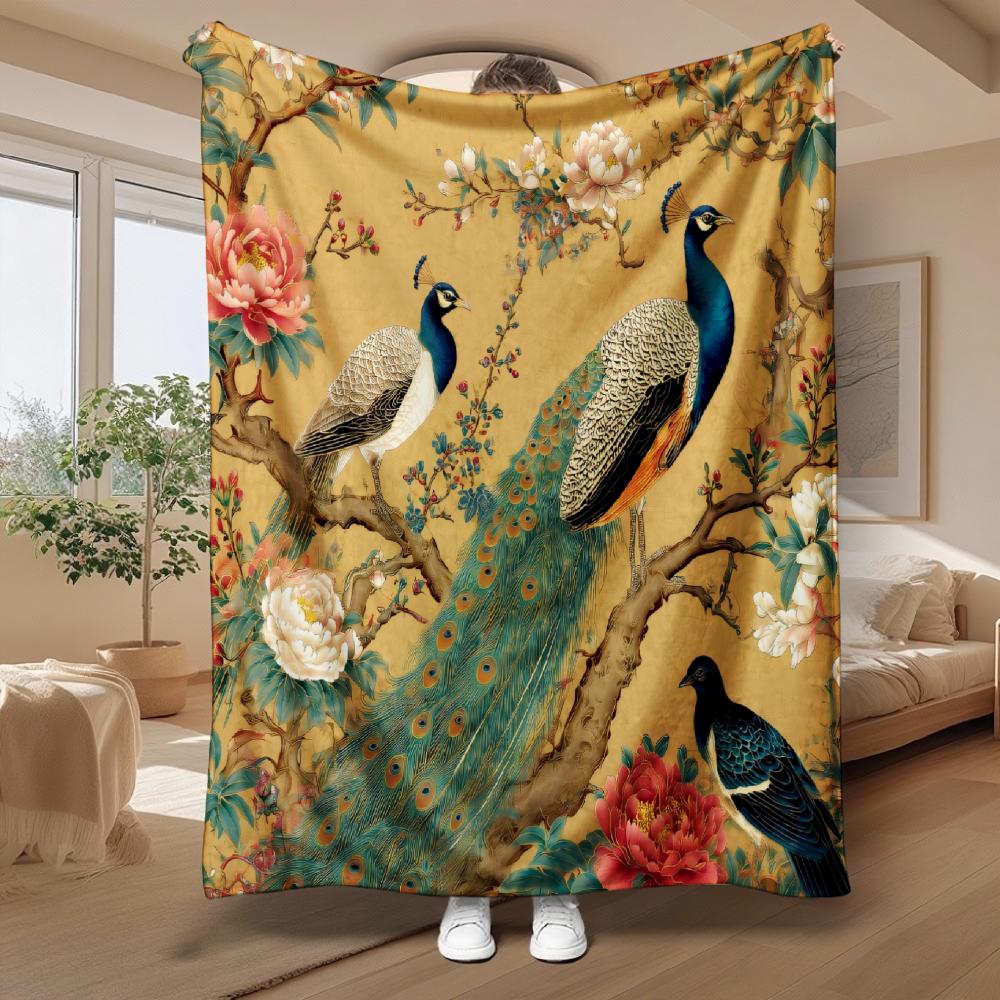 Vintage Peacock And Floral Pattern, Elegant Home Decor Gift, Soft Fleece Blanket, Golden Yellow Bird Design, Cozy Living Room Throw, Multi-Purpose War