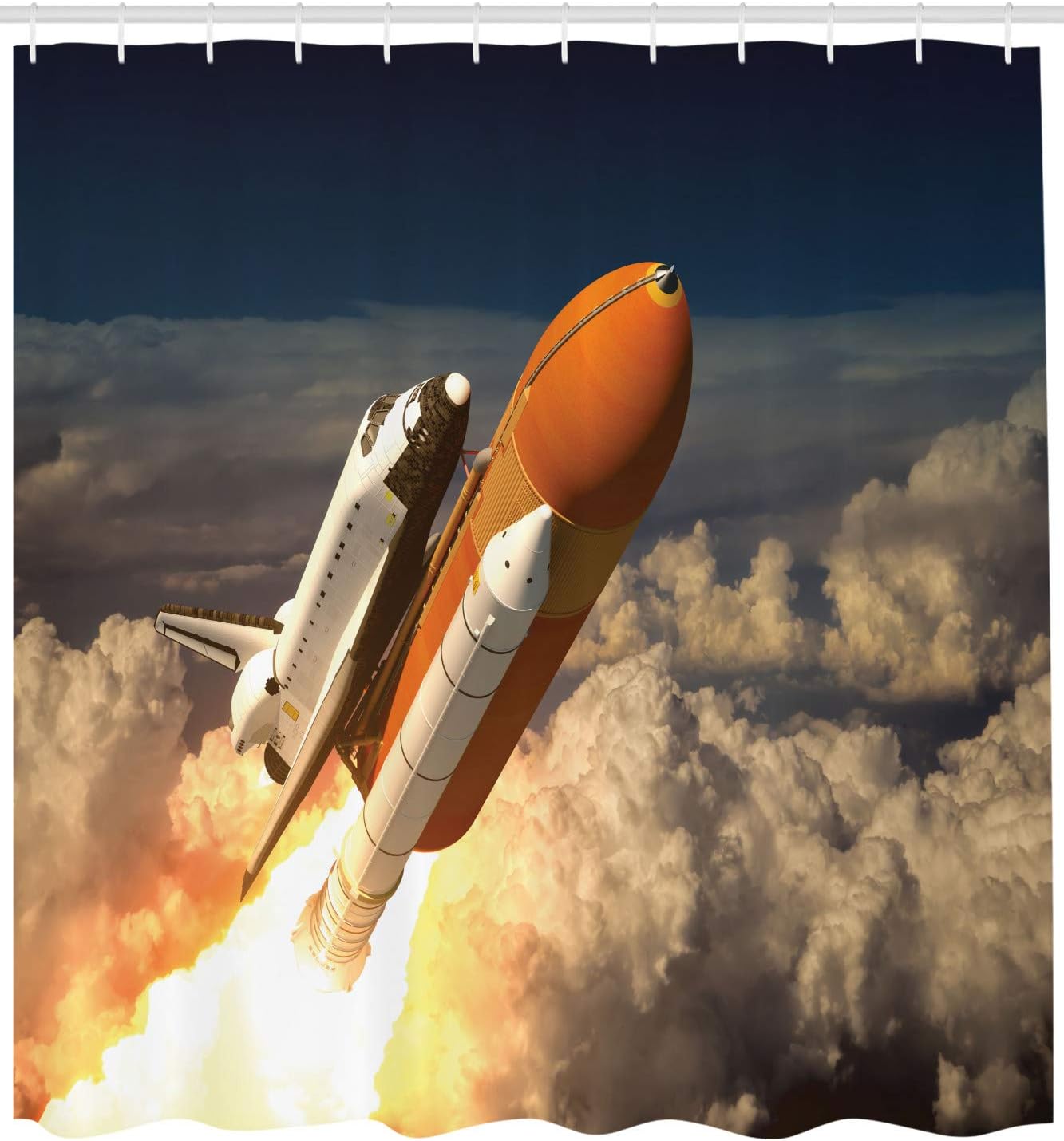 Шторка для душа «Запуск космического шаттла» с крючками – Старт ракеты в облаках, Художественный дизайн, Горчично-серый космический декор 90x180cm35x71in