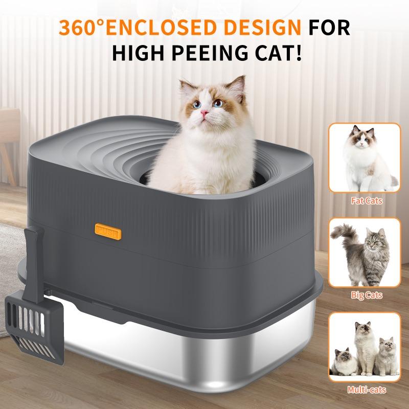 Stainless Steel Large Fully Enclosed Cat Litter Box Top Entry Easy Clean Pet Product Supplies Non-Sticky Cat Bedpans Accessories