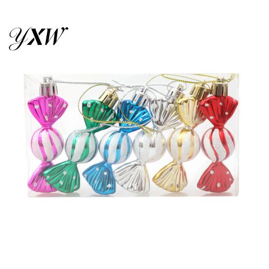 High-quality Plastic Hanging Candy Ornament 6Pcs/Box Christmas with Lanyard Unbreakable Reusable Electroplating Festive Decorations Holiday Decoration