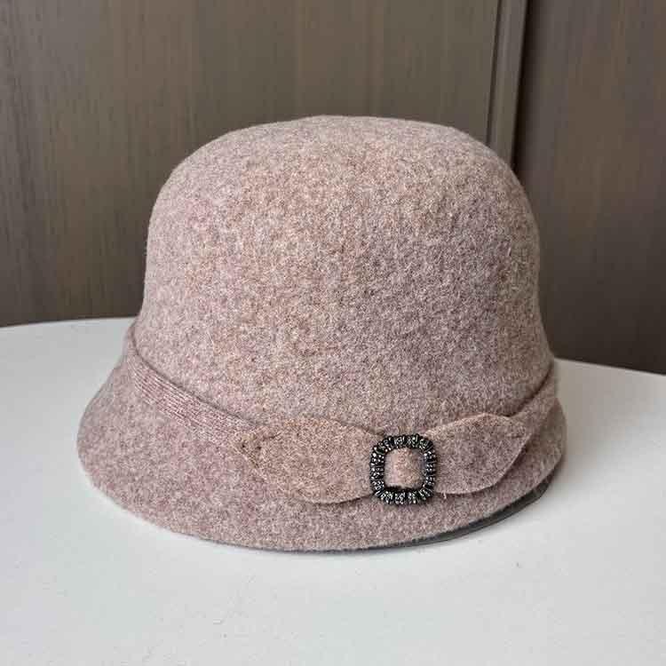 Small Brim Celebrity Temperament Retro Wool Top Hat Diamond Buckle British Fashion Autumn And Winter Thermal Basin Hat Women'S New Knitted Hat