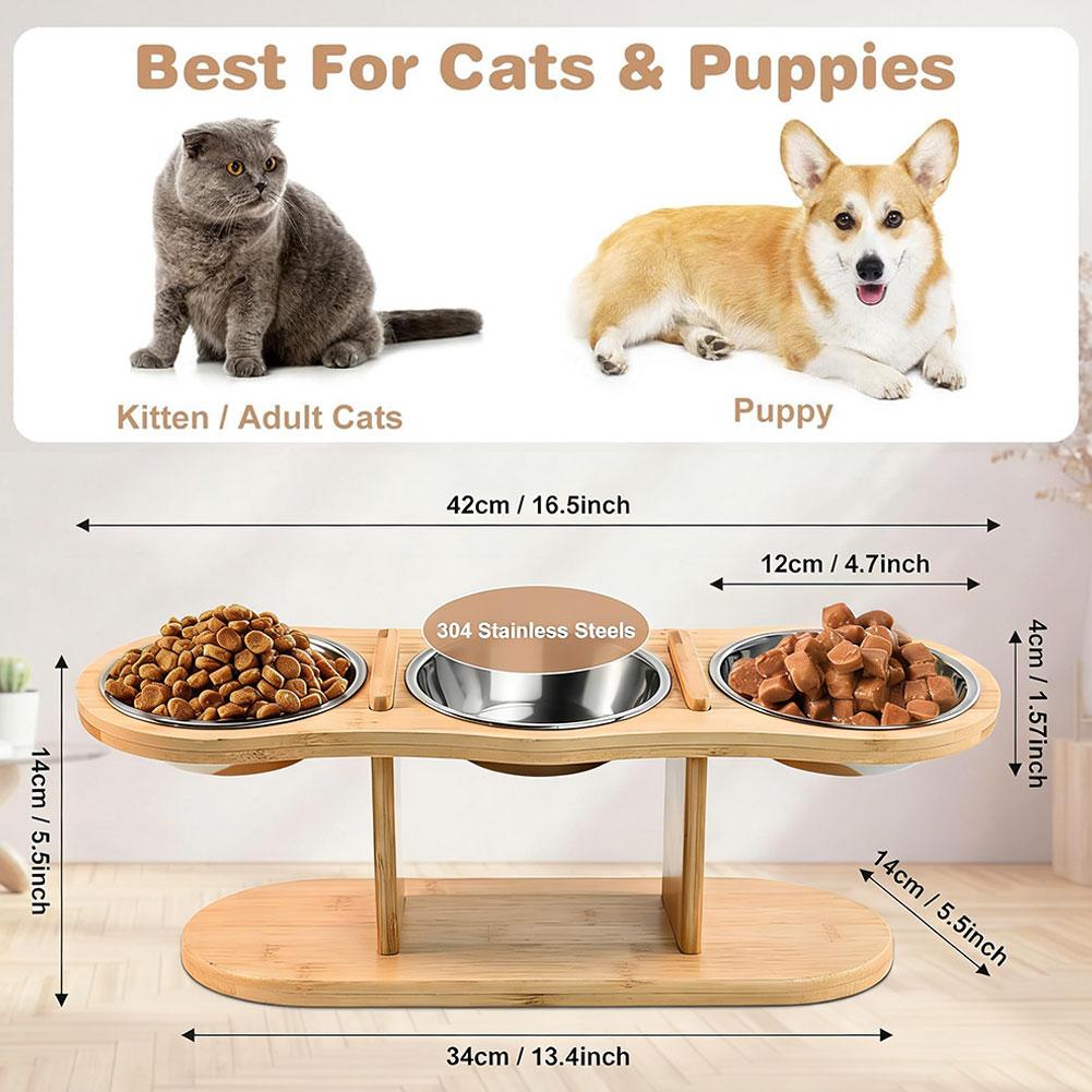 Solid Wood Elevated Pet Bowl Stand with 3 Stainless Steel Bowls for Cats and Dogs Adjustable Height Feeding Station