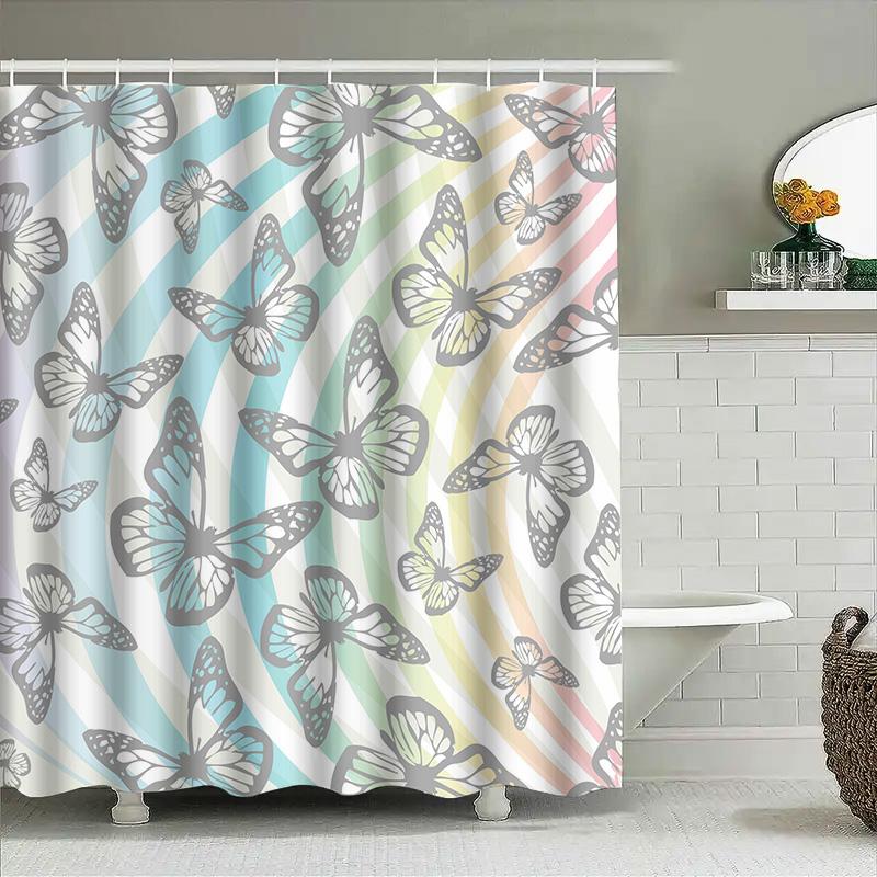 Bathroom Decor Shower Curtain With Butterfly Print Waterproof Fabric Black Rod Pocket For Home Bathroom Accessories Decoration B