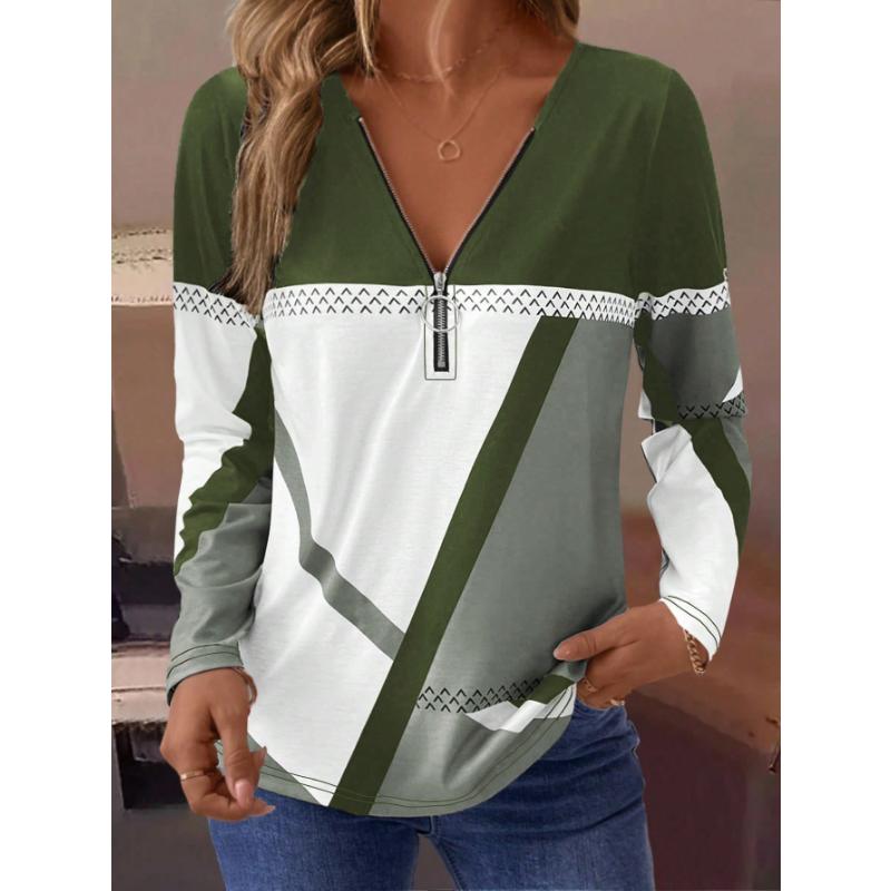 LanaWest Damen Casual Herbst/Winter Langarm-T-Shirt mit halbem Reißverschluss am Ausschnitt, Grafik-T-Shirts mit geometrischem Print, Damenoberteile für den Frühling