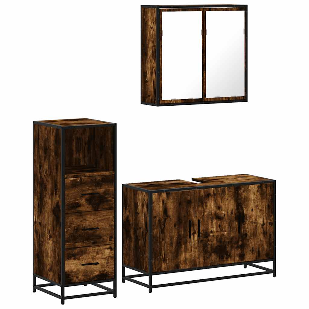 3 Piece Bathroom Furniture Set Smoked Oak Wood Based Material