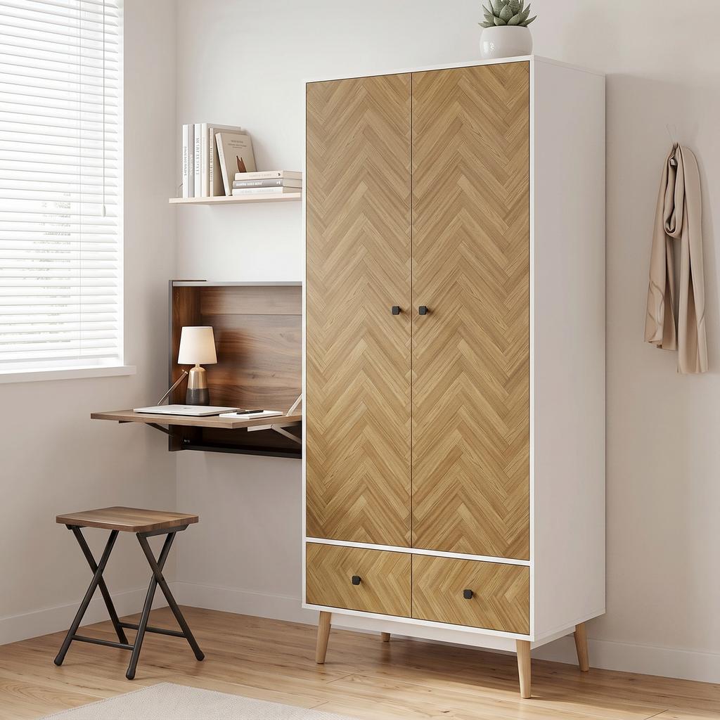 Cabinet Wood-Effect Sticker Surface, Modern Wardrobe with 2 Hanging Rods, 2 Storage Shelves and 2 Drawers, White