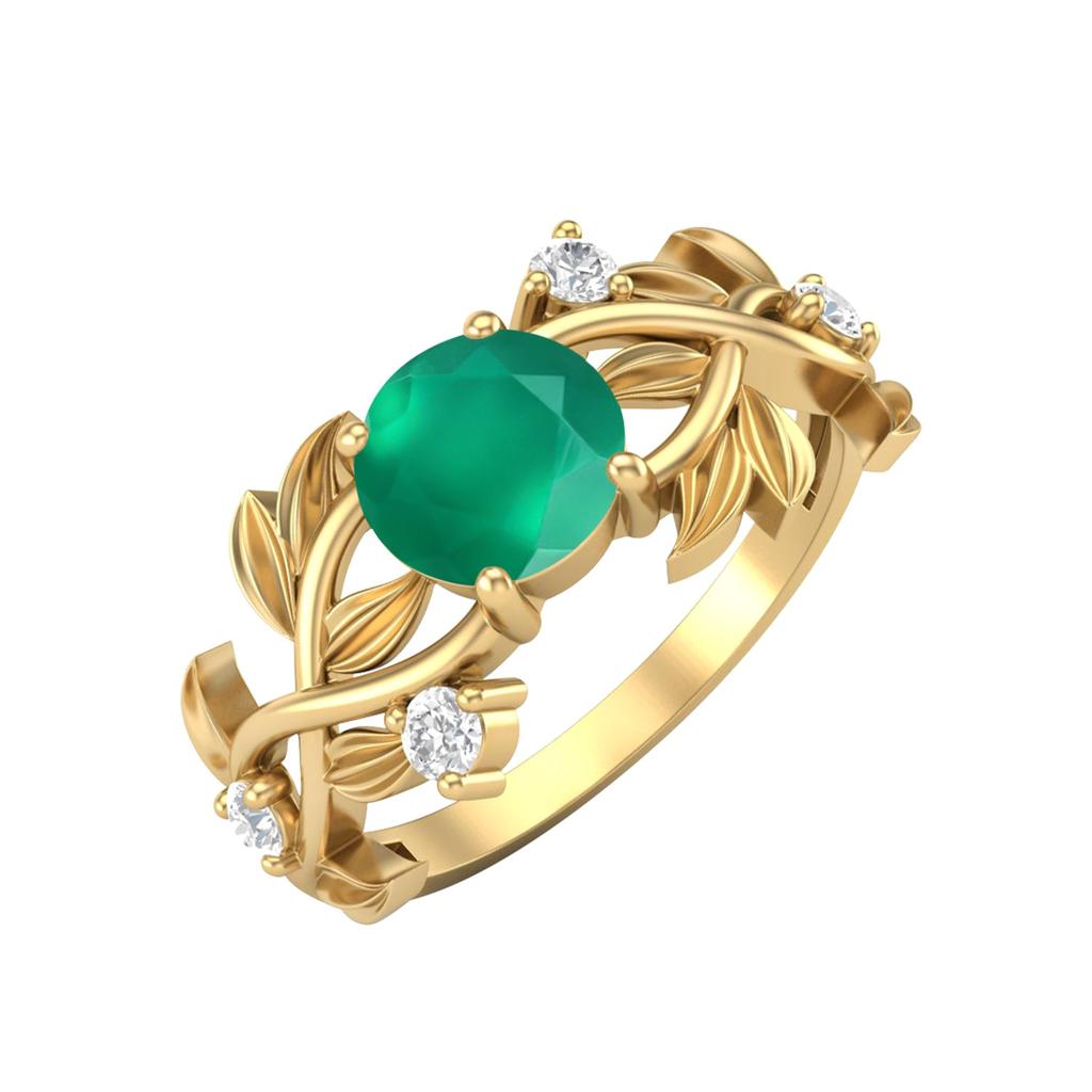 6MM Round Green Onyx Gemstone 925 Sterling Silver Gold Plated Solitaire Ring