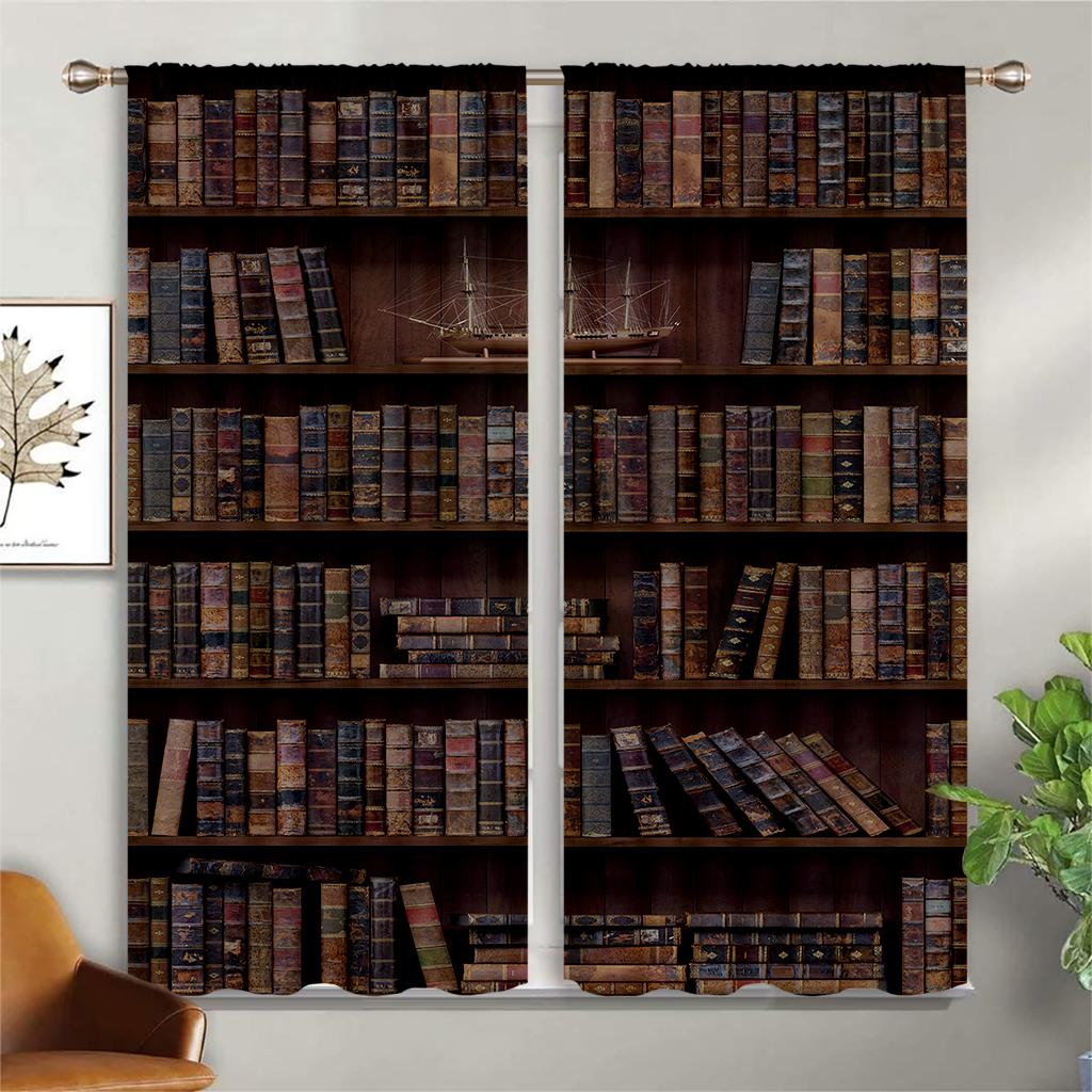 2Pcs Bookcase Vintage Pattern Print Window Curtains, Polyester Rod Pocket Window Curtains For Bedroom Space Living Space Office Bedroom Space And