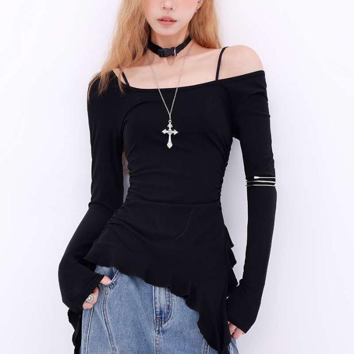 

Топ женский приталенный с нерегулярными оборками и открытыми плечами - Дизайн для начала осени Extra Large чёрный