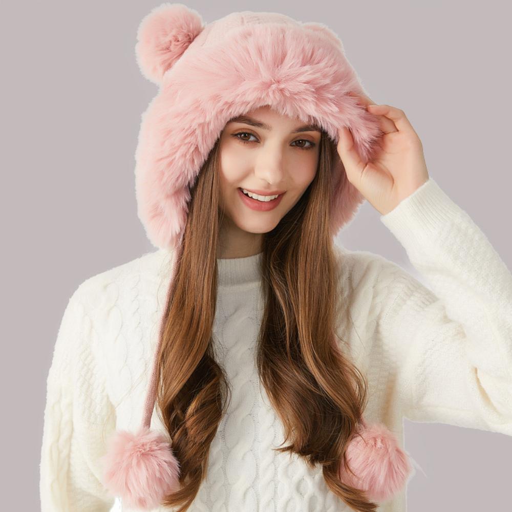 Palarie tricotata cu guler de blana gros si bile de blana rasucita Palarie tricotata pentru femei Palarie din lana de iarna in aer liber