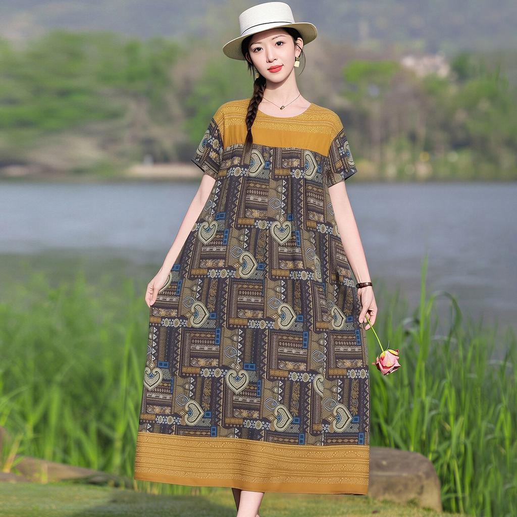 Women's Round Neck Short Sleeve Maxi Dress Loose Relaxed Waist Elegant Floral Print Plus Size Casual Summer Dress