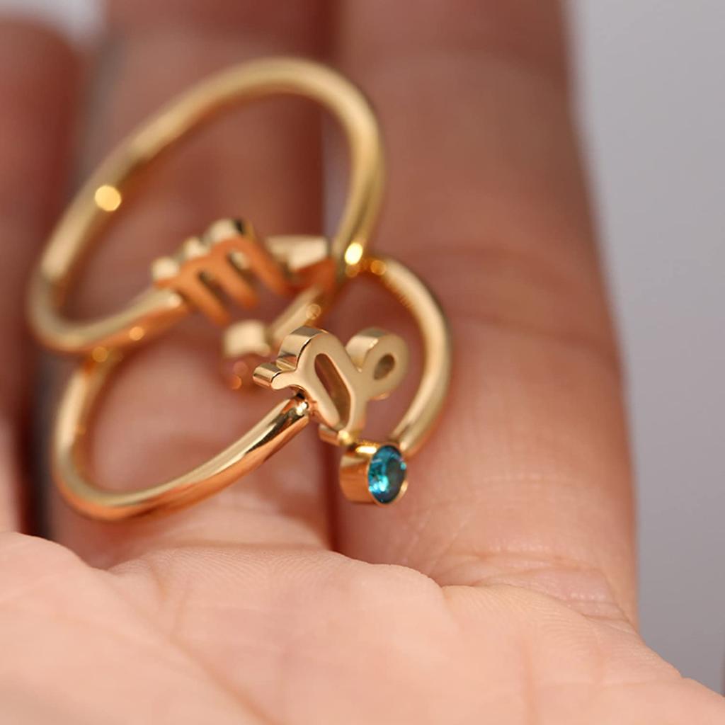 CARLIDANA Vintage Letter Heart Adjustable Gold Plated Stainless Steel 12 Zodiac Sign Zircon Letter Open Ring Jewelry Women