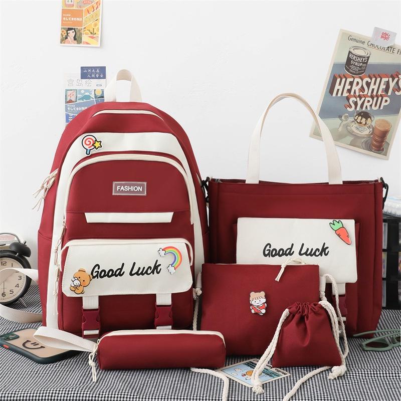 IELGY Leisure campus ins style student backpack large capacity five-piece backpack