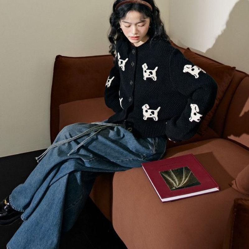 Cartoon Sweater Female Cardigans Autumn O Neck Single Breasted Black Sweater Coat for Women 2025