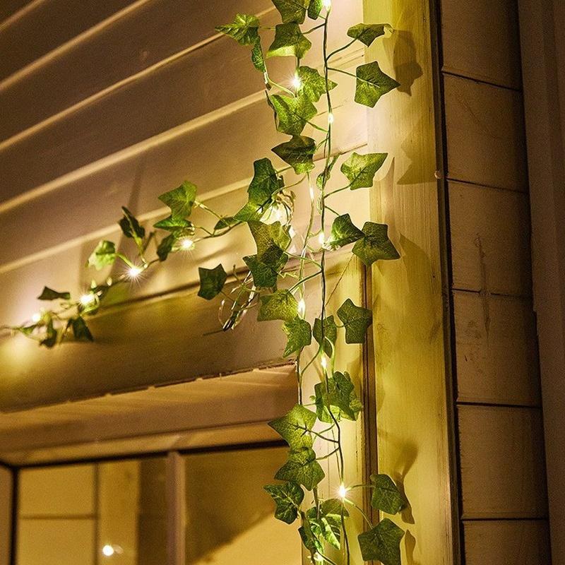 Solární břečťanové řetězové světýlka, umělá světla z révy vinné, girlanda, vílí řetězová světla, zelené listy z révy vinné, venkovní pro párty a zahradní dekoraci