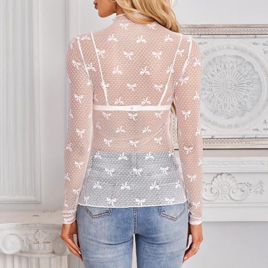 Dámské spodní topy s polovičním vysokým límcem a dlouhým rukávem, průhledné krajkové topy, halenka se vzorem výšivky a mašle pro každodenní nošení