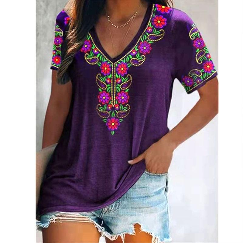 

Женские летние топы, женские повседневные футболки с короткими рукавами, женские пуловеры с v-образным вырезом, блузки с цветочным принтом, хлопковые свободные футболки XXXL темно-фиолетового