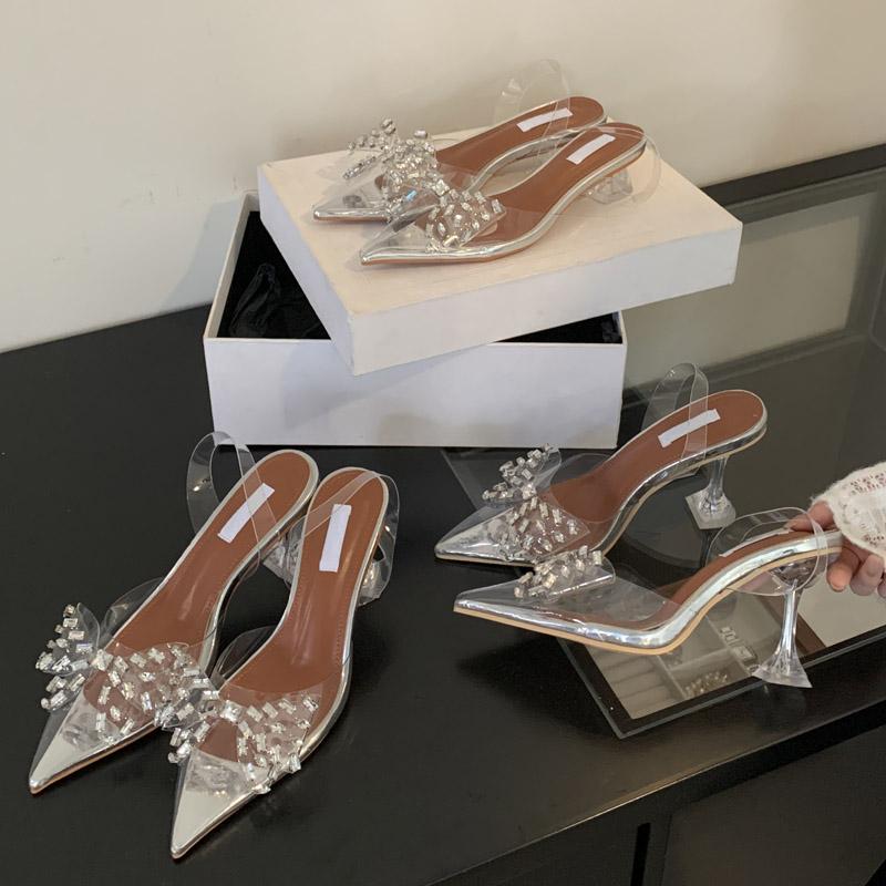 Spring Butterfly-knot Crystal Women Pumps PVC Transparent Heels Elegant Pointed Toe Party Prom Mules Shoes Zapatos Mujer