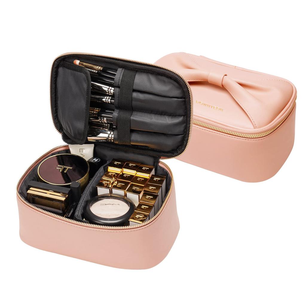 Rownyeon Vanity Large Cute Makeup Pouch with Brush Functional Ribbon Portable Cosmetic Case with Vanity Mini Makeup Travel Korean Style Pouch,