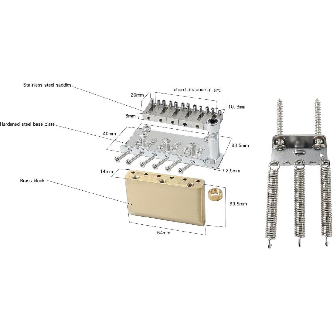 

2-точечный бридж для электрогитары 10,8 мм Тремоло бридж с латунным блоком и стальными седлами Детали для электрогитары для 6-струнной Start Stratocaster Хром чёрный