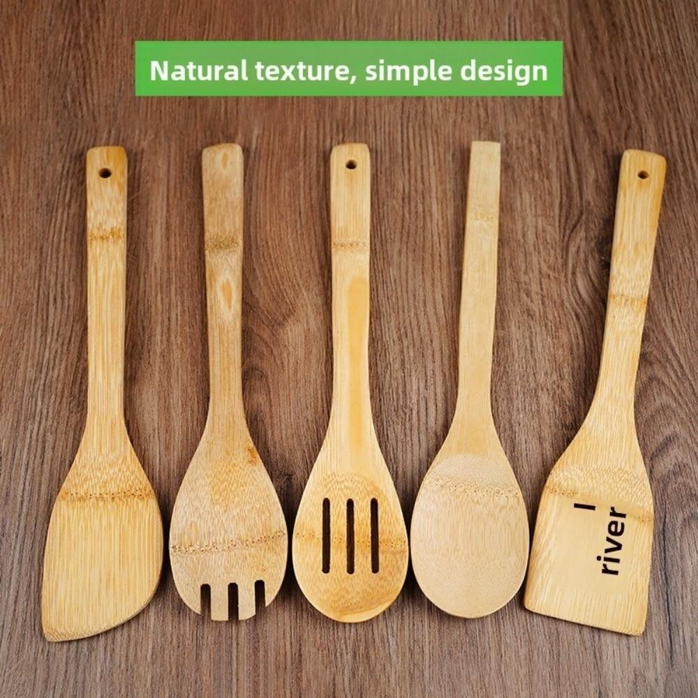 8pcs Natural Bamboo Spatula Spoon Long Handle Slotted Turner Non Stick Pan Spatula  Household