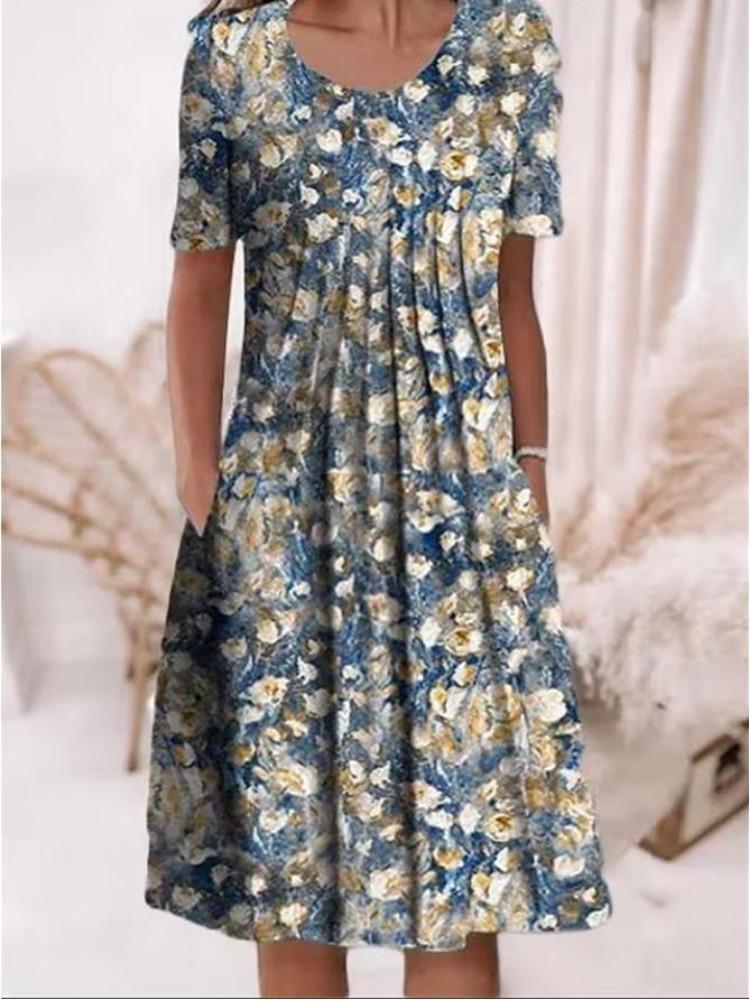 Floral Print Midi Dress with Pockets for Spring Summer