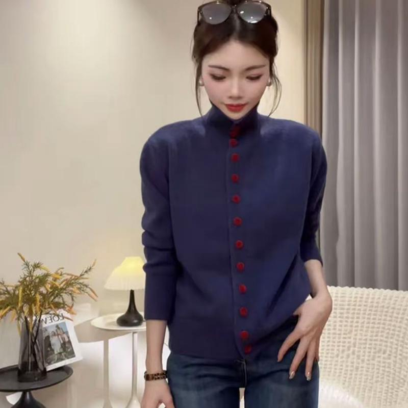 Red Button Women's Single-Breasted Knit Sweater, High-Neck, Solid Color, Versatile and Cozy for Autumn/Winter