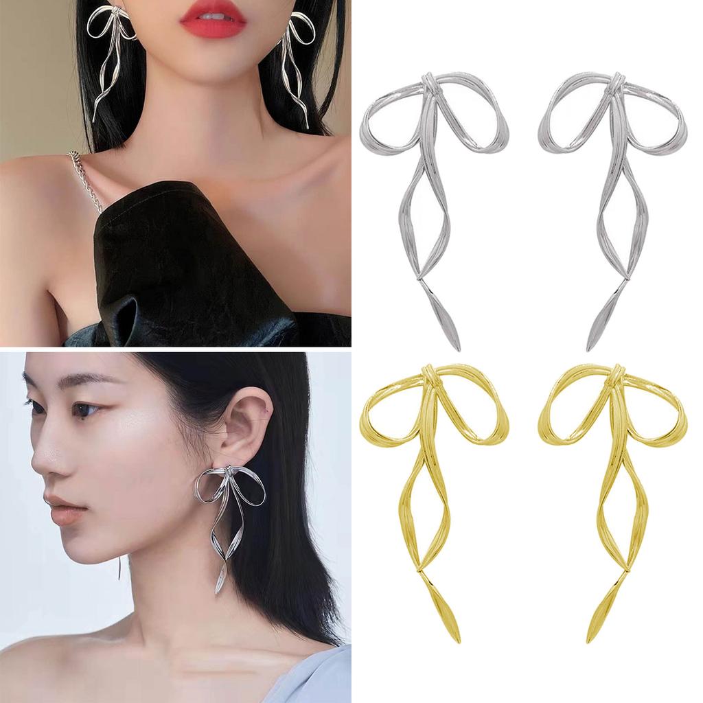 Fashionable Bow Shaped Ear Pendant Vintage Bowknot Earrings Simple Line Charm Dangle Eardrop Metal Jewelry for Women