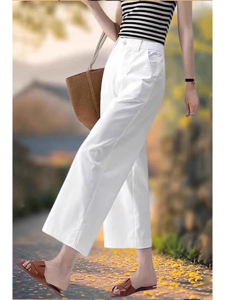 Women's Dark Blue High-Waisted Wide-Leg Casual Pants - Loose Fit for Pear-Shaped Figures, Spring Season.
